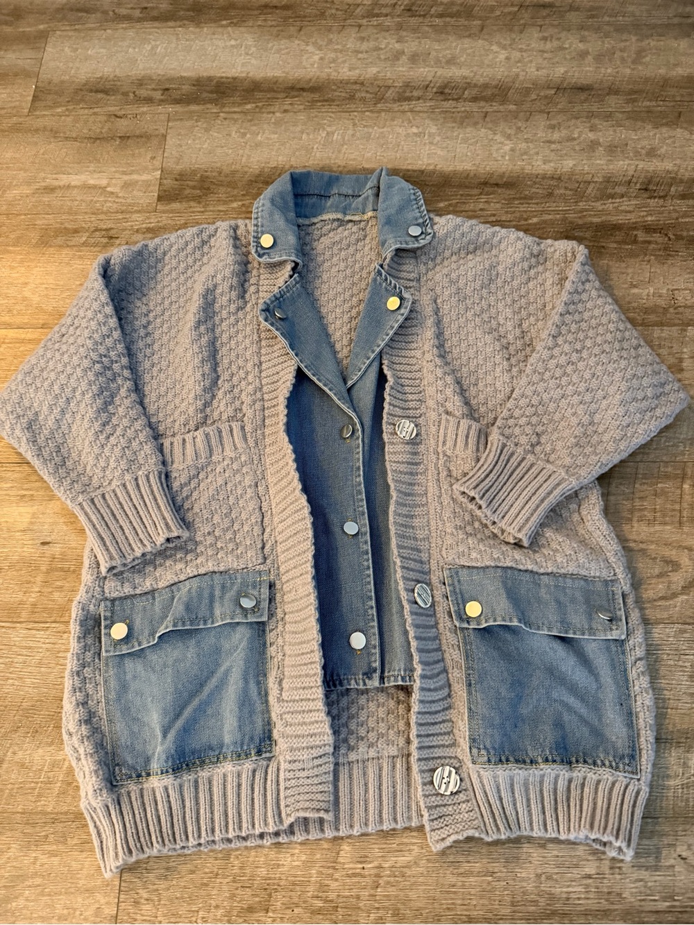 Women’s Chunky Knit Cardigan with Denim Details - Taupe